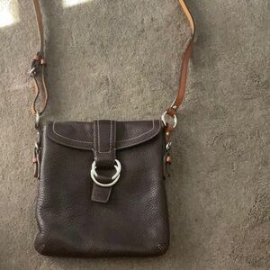 Coach, crossbody bag, dark brown with pink interior and pink stitching